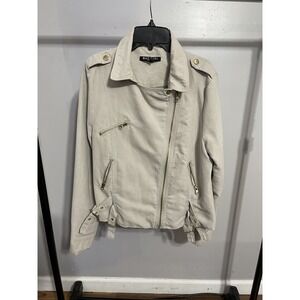 Baccini Womens Faux Suede Moto Jacket Cream Asymmetrical Zip Buckle Detail